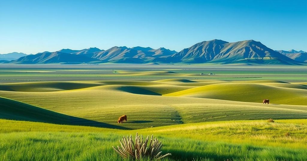 A beautiful traditional landscape showcasing Mongolia's vast plains under a clear blue sky with distant mountains.