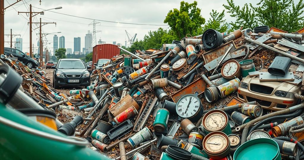 A heap of scrap metal in Harare, Zimbabwe, showcasing the importance of recycling and environmental cleanup efforts.