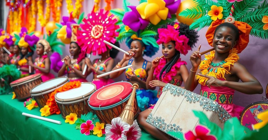 Vibrant carnival scene showcasing colorful costumes, musical instruments, and celebratory atmosphere, capturing the energy of soca performances.
