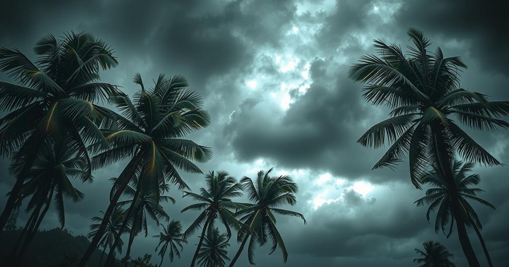 Lush tropical landscape with strong winds from a cyclone, swaying palm trees and dark storm clouds in the sky.