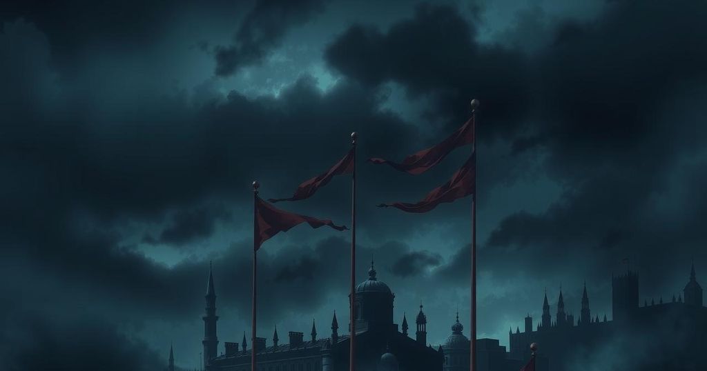 A dark skyline framed by fading flags, symbolizing lost alliances and geopolitical tensions.