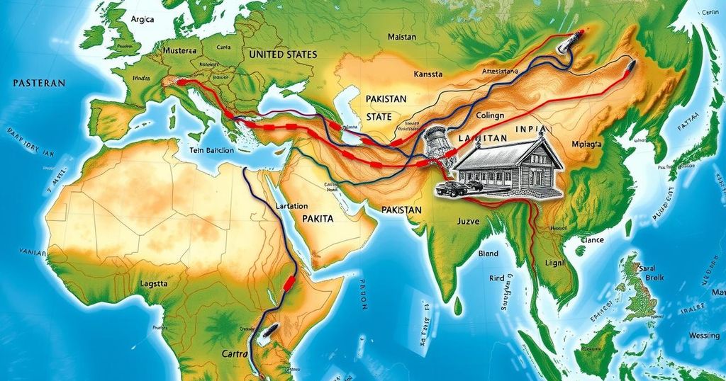 A map highlighting the routes between the US, Pakistan, and the UK, with emphasis on diplomatic connections.
