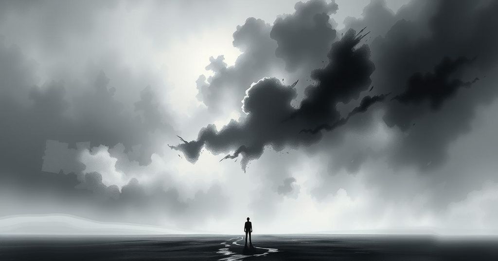 A somber landscape depicting a mourning scene with a sprawling grey sky and a solitary silhouette.