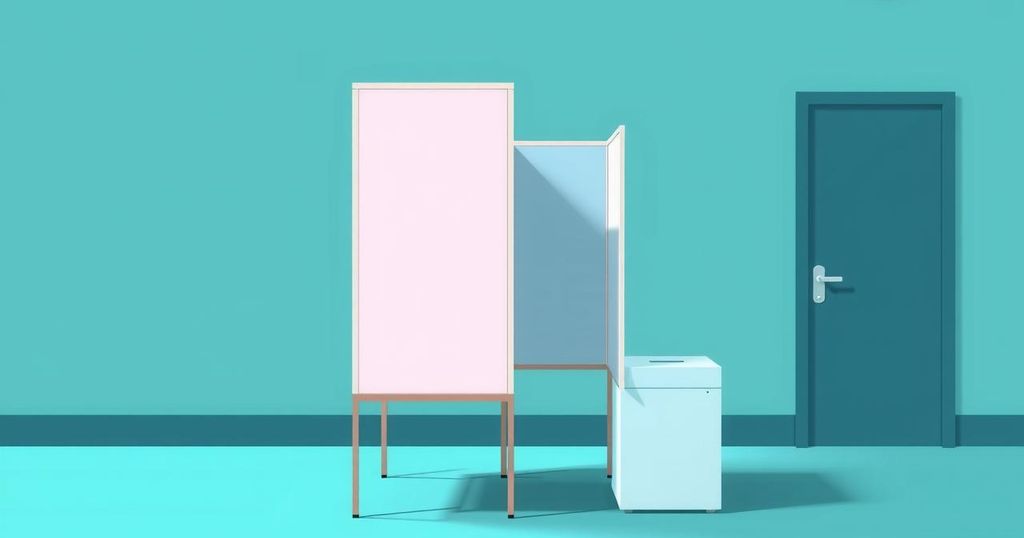 Empty voting booth with ballot box and a backdrop of state-themed colors, symbolizing elections.