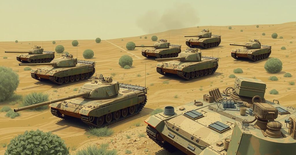 A military landscape illustrating collaboration and strength, featuring tanks, artillery, and camouflage in a strategic setting.