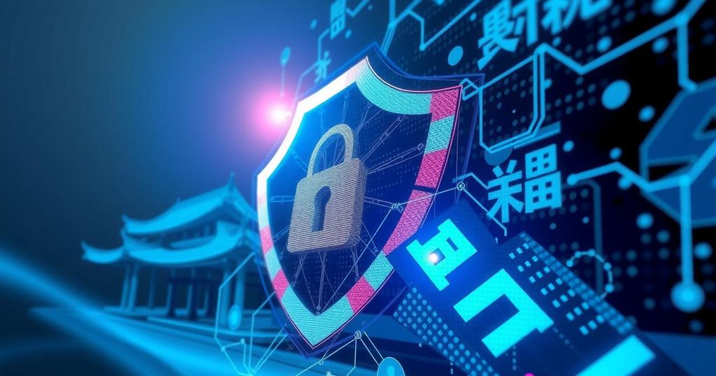 A digital shield concept symbolizing data protection and cybersecurity amidst a Chinese influence background.