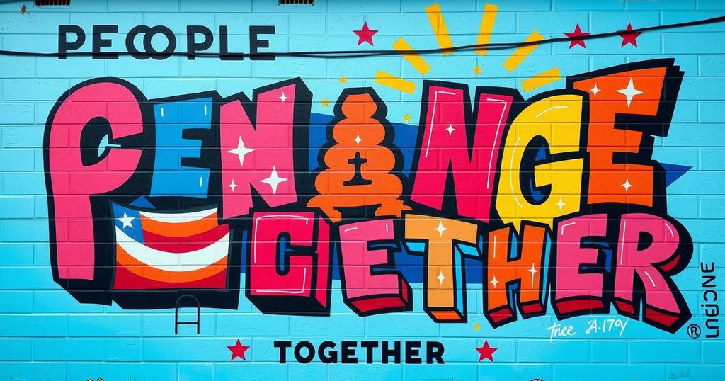 Colorful political slogans mural showcasing words like 'People', 'Change', and 'Together' in creative typography.