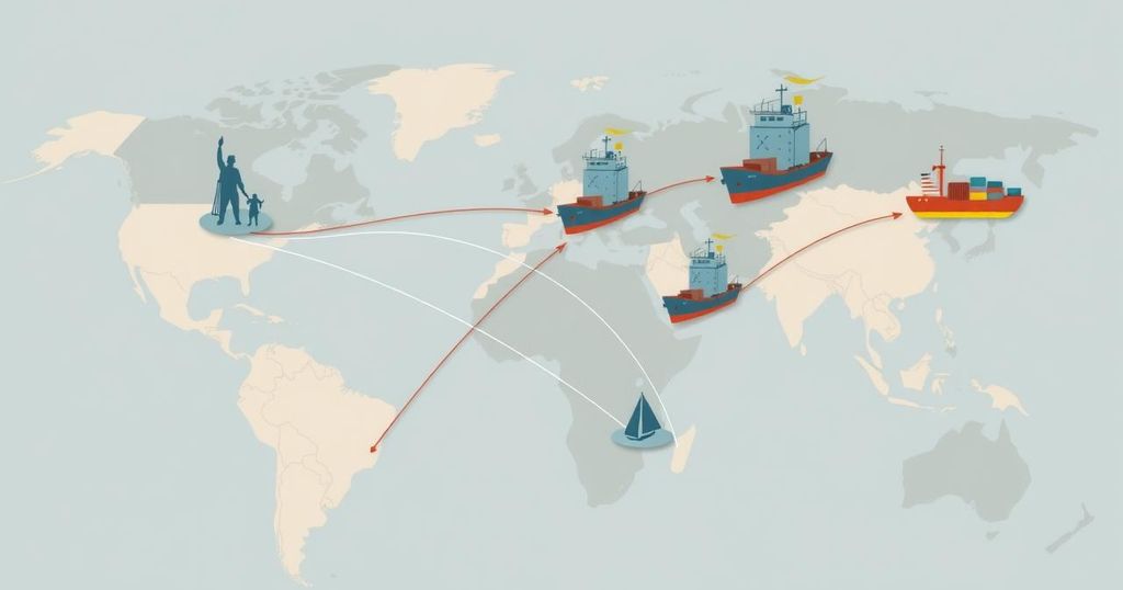Abstract representation of international trade tensions with symbolic elements and neutral colors.