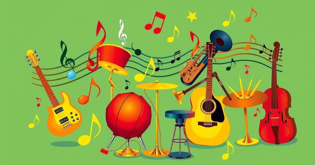 A vibrant music-themed illustration featuring musical notes, instruments, and colorful abstract elements representing African music.