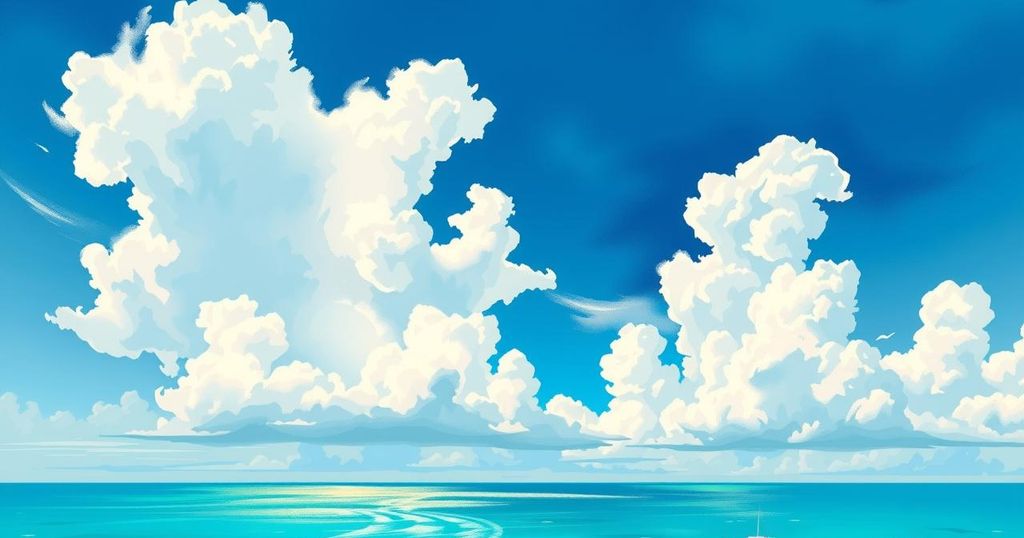 A scenic view of the Gulf with dramatic cloud formations and a blue sky, representing tropical weather patterns.