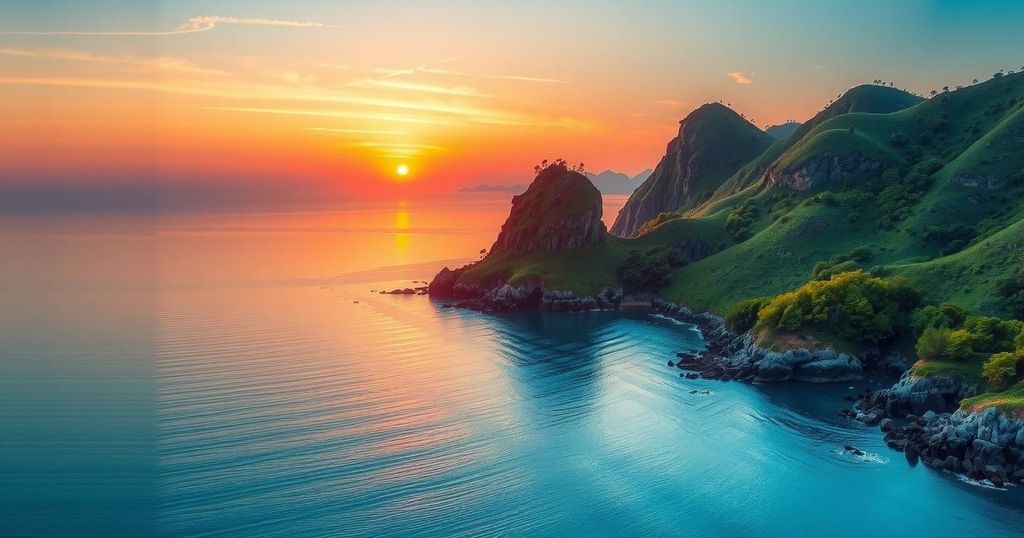 Scenic coastline of Wonsan, North Korea with tranquil waters and lush greenery under a vibrant sunset sky.