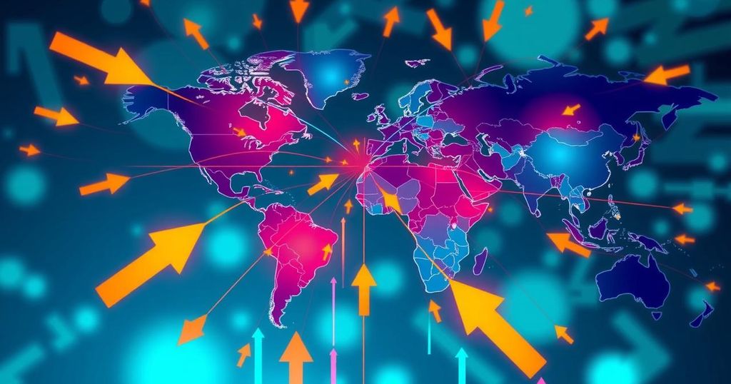 Colorful abstract representation of global trade and international diplomacy featuring directional arrows and maps.