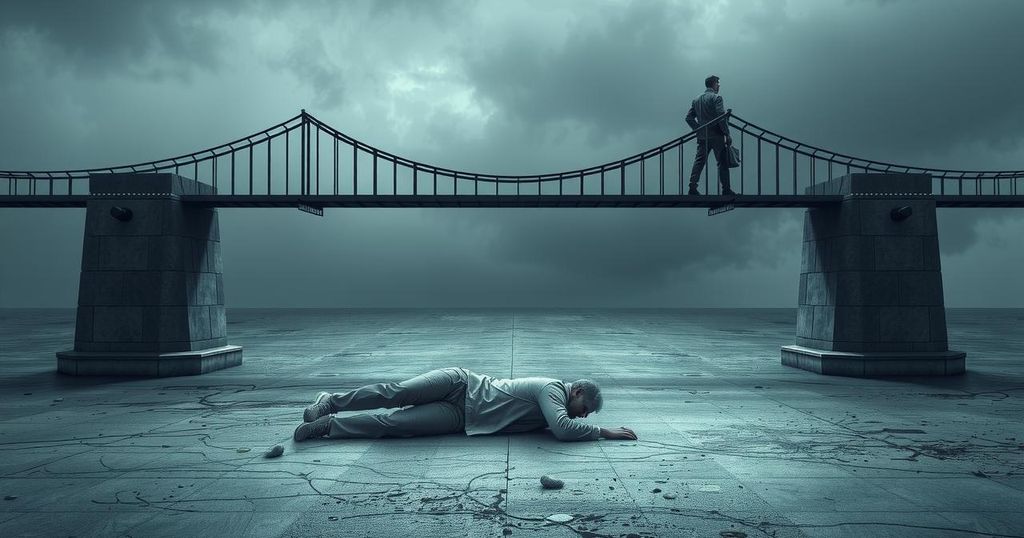 A symbolic representation of a prisoner swap between nations, featuring flags, handcuffs, and two bridges connecting.