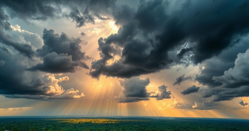 Tropical storm clouds forming over a landscape, with dark gray clouds and streaks of sunlight breaking through.