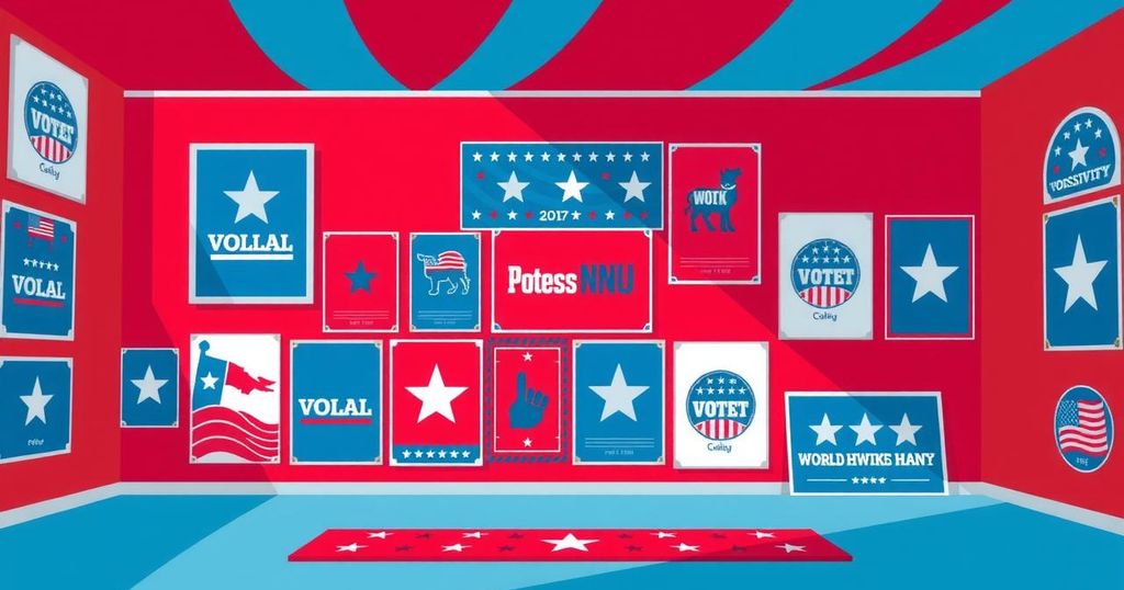 A political campaign poster depicting vibrant party colors and symbols emphasizing a conservative theme.
