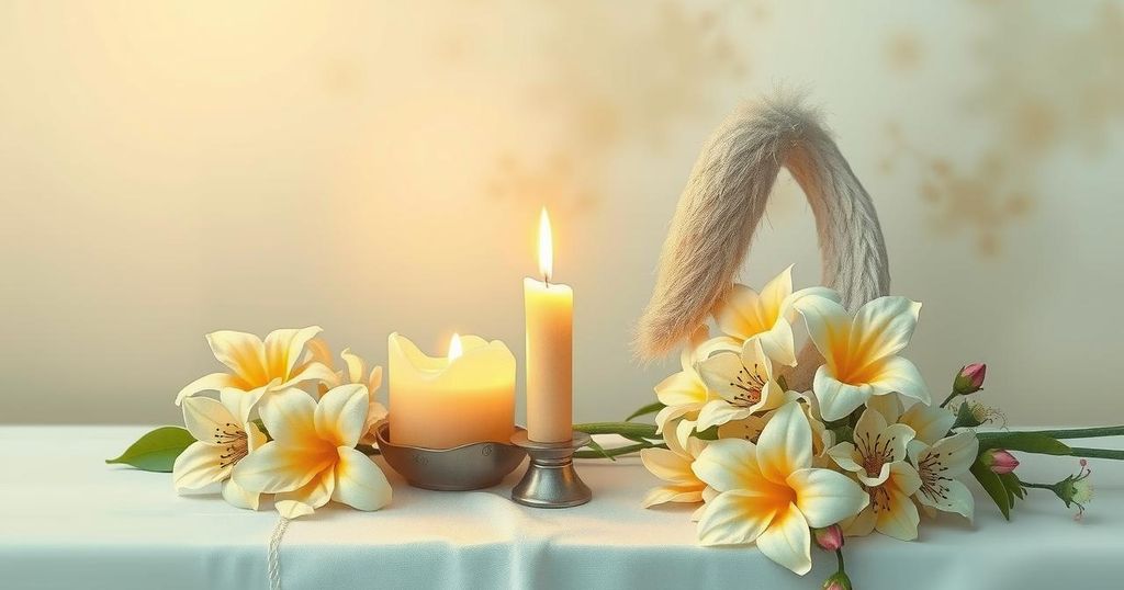 Peaceful prayer scene with a candle and flowers symbolizing hope and comfort for communities in mourning.