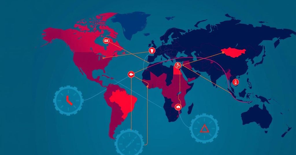 A map highlighting global connections of a drug cartel with symbols of law enforcement and international cooperation.