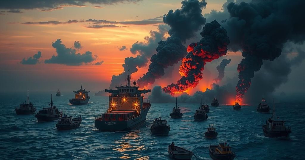 A cargo ship in distress surrounded by small boats and smoke over the Red Sea at dusk.