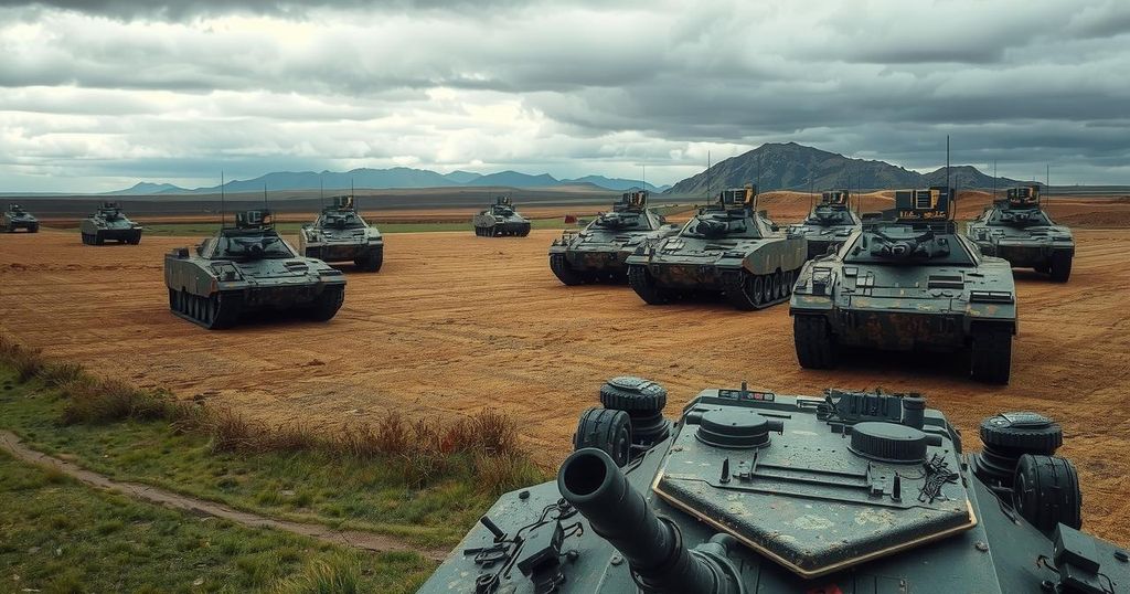 A military scene showcasing vehicles and equipment, reflecting international cooperation, in muted earthy colors.