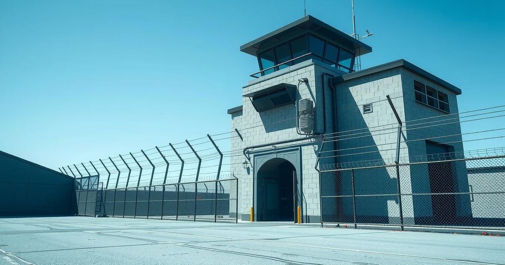 A prison entrance with a guard tower, surrounded by a barbed wire fence under a clear blue sky.