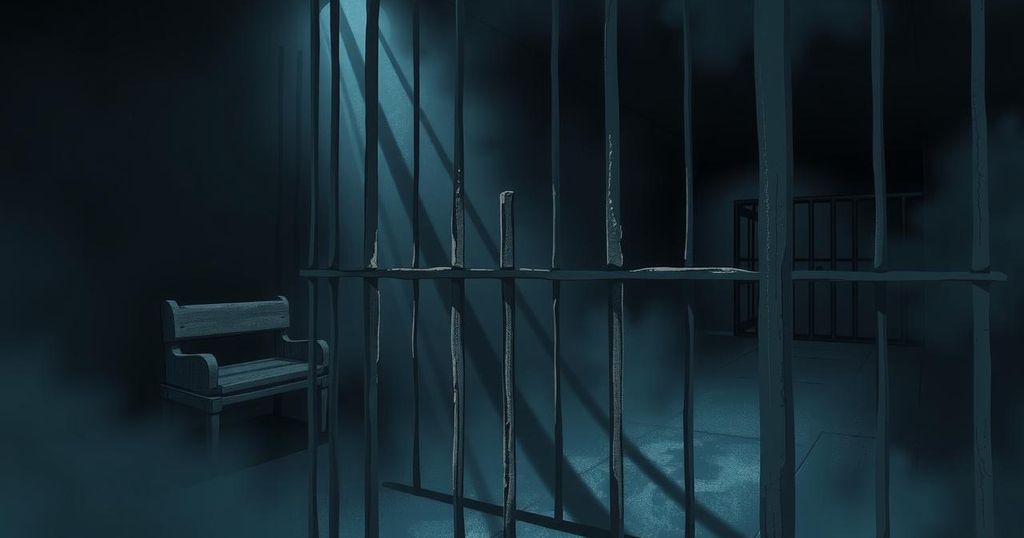 Dramatic view of a shadowy prison cell with bars and dim lighting, evoking a sense of confinement and despair.