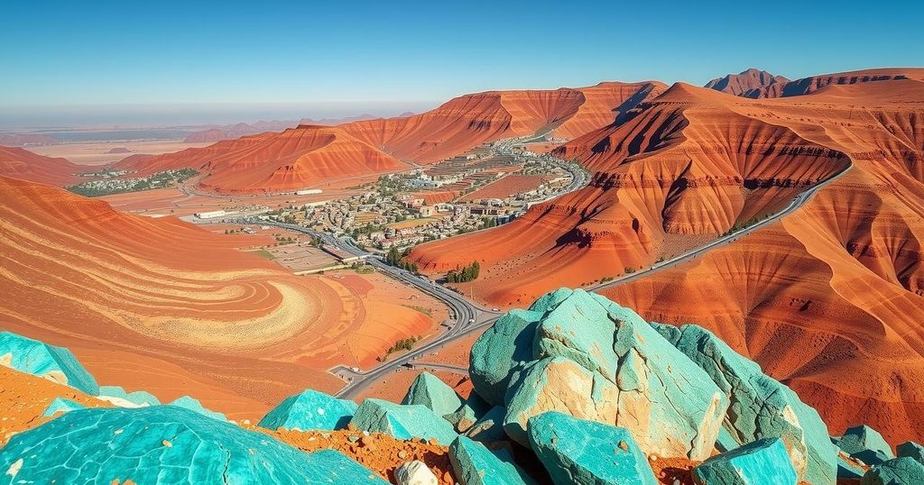 Cobalt mining landscape in Morocco's Anti-Atlas mountains with terraced villages and mineral-rich terrain.