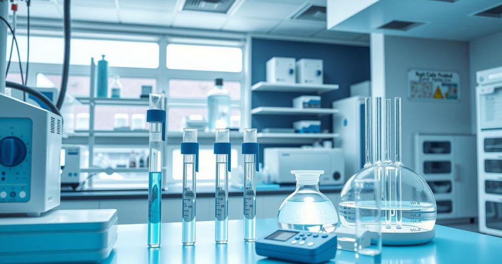 Laboratory equipment such as pipettes and centrifuges set against a backdrop of a modern lab, highlighting scientific advancements.