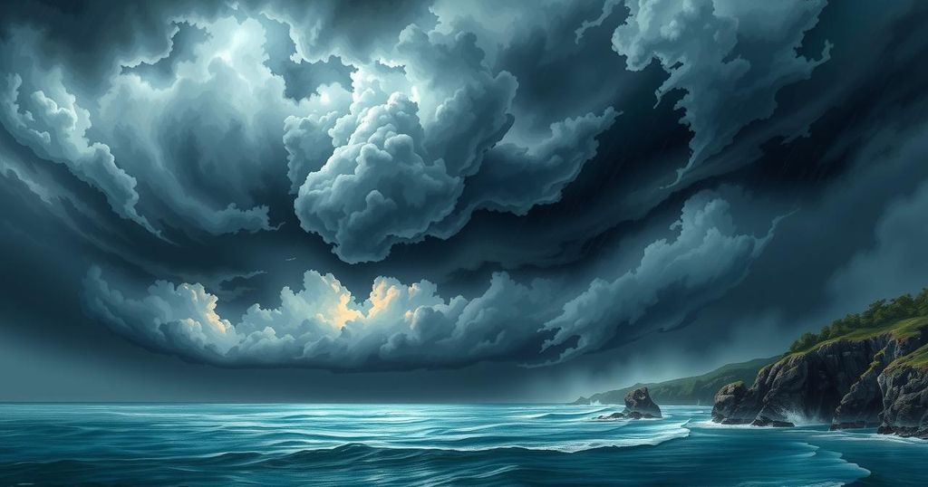 Dramatic storm clouds over a coastal landscape, showcasing impending severe weather conditions in the tropics.
