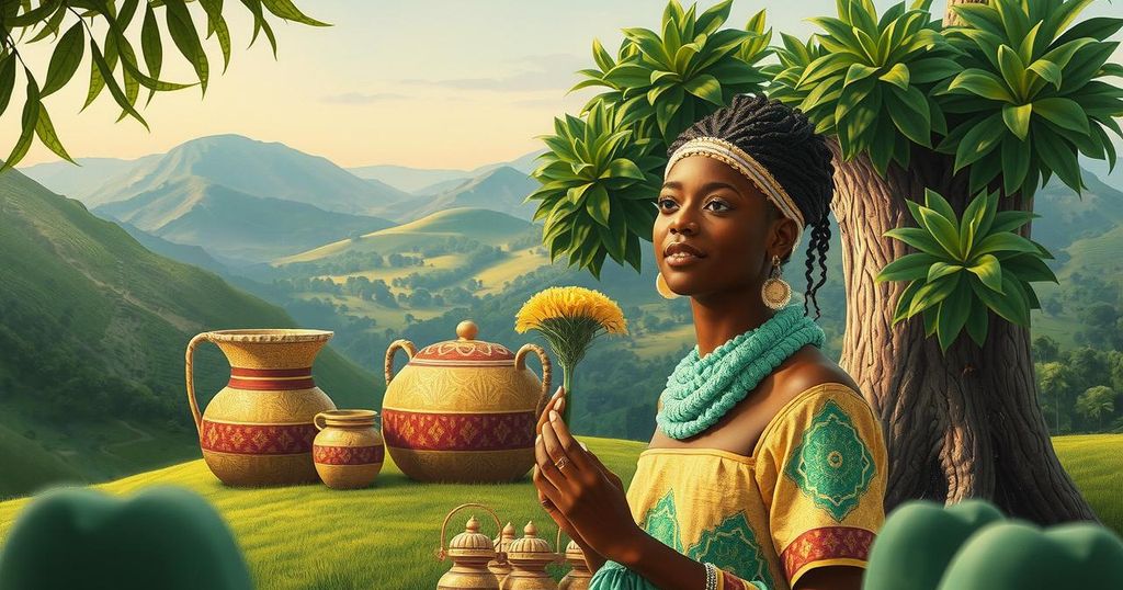 A peaceful Ghanaian landscape showcasing lush greenery and traditional artifacts representing wellness and cultural connection.