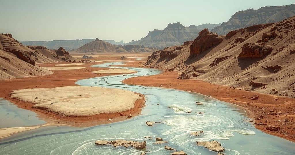 A view of a dry riverbed in a parched landscape, symbolizing lack of clean water access in a humanitarian crisis.