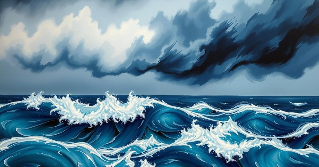 A stormy seascape illustrating severe weather conditions affecting Samoa with dark clouds and turbulent waters.