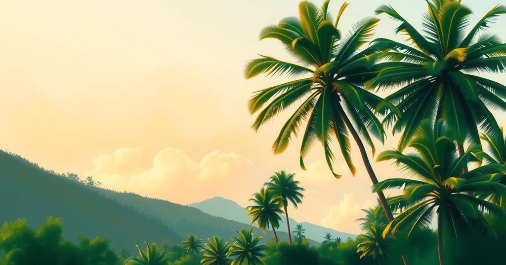 A scenic view of a hazy sky over a lush tropical landscape, representing fair weather in Trinidad and Tobago.