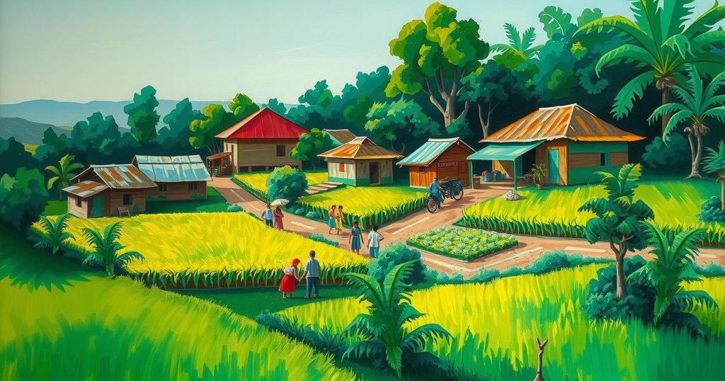 Colorful landscape of Paraguay showcasing daily life with traditional elements under a bright blue sky.