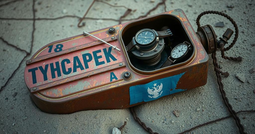 A crude container marked with unreadable Cyrillic, blue tape label, and rusty devices illustrating disinformation.