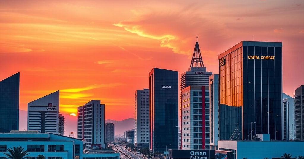 Oman's income tax impact on Gulf countries illustrated with a skyline at sunset, vibrant colors and modern architecture.
