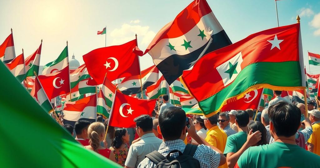 Syrian Kurds gather with flags in a peaceful demonstration promoting unity and democracy.