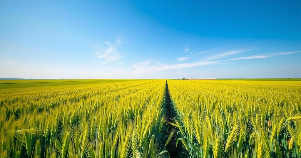 Lush green wheat fields under a bright blue sky, symbolizing Argentina's agricultural growth and export potential.