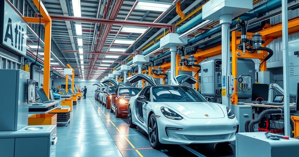 Electric vehicles assembled in a modern factory with assembly lines and vibrant machinery.