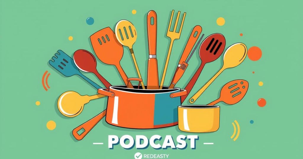 Podcast logo design with kitchen utensils, stylized sound waves, and vibrant colors representing creativity.