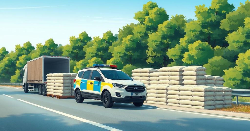A police vehicle on a road surrounded by bags of cement under bright blue skies.