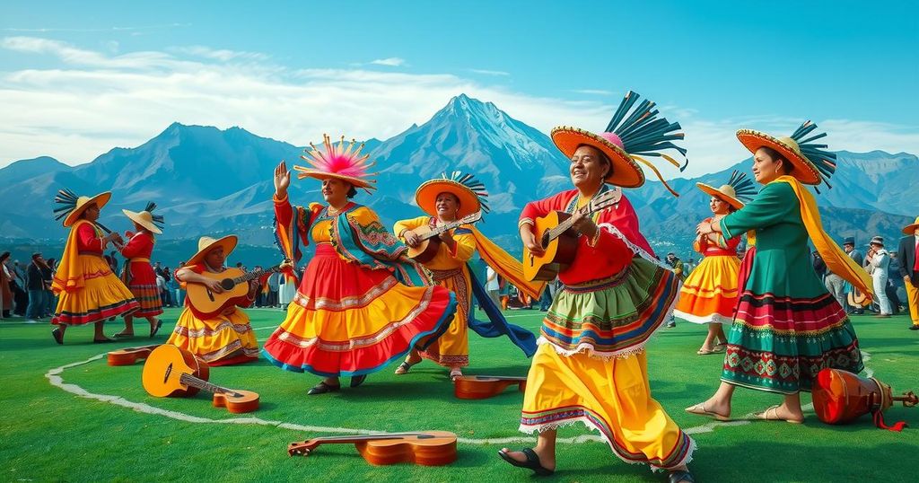 Vibrant scene of Oaxaca's Guelaguetza festival, showcasing traditional music and dance against a colorful backdrop.