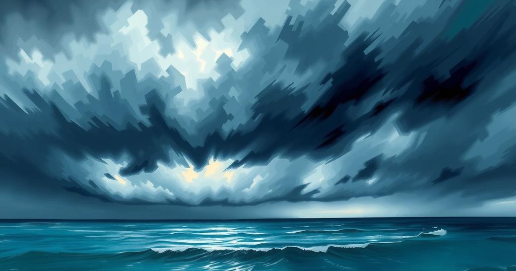 A stormy sky over a coastal landscape with strong winds and dark clouds, depicting an approaching tropical storm.