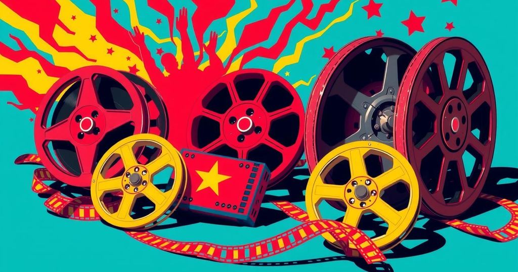 A colorful representation of cultural tensions in cinema, featuring film reels and dramatic elements, vibrant hues.