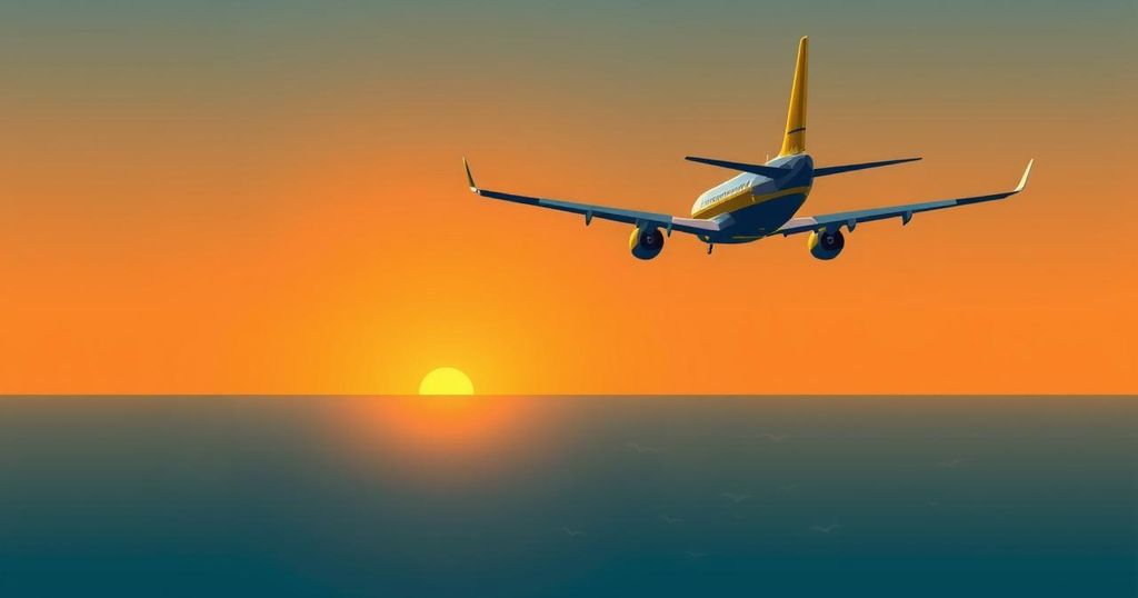 A flight navigating towards Eswatini with airplane silhouettes against a sunset backdrop.