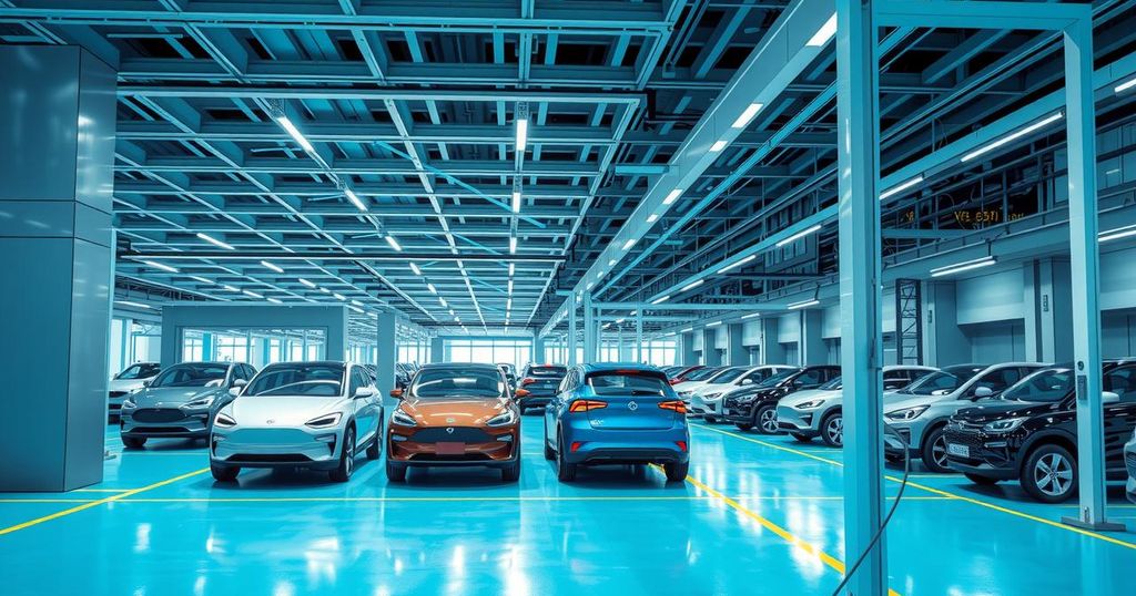 BYD electric vehicle factory in Brazil with modern architecture and electric cars in production.