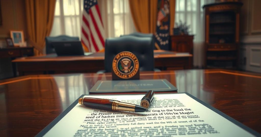 Visual representation of a signing ceremony with a presidential seal and a pen on a document.