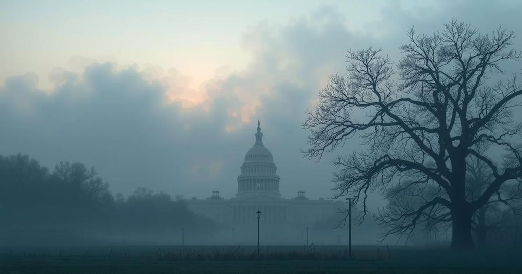 A foggy landscape surrounding a political headquarters with dark hints of conflict and unity themes, in muted colors.