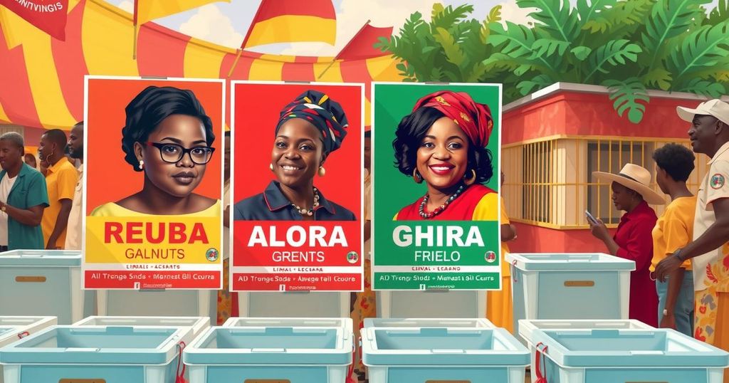 A vibrant illustration depicting a dramatic election rerun scene in Accra, showcasing colorful campaign posters and ballot boxes.