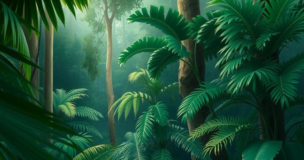 Serene Colombian jungle with dense foliage and hidden trails, representing the struggle of illegal immigration.