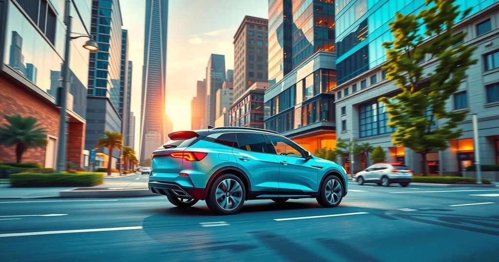 A modern electric SUV driving on an urban street with a sleek design and vibrant colors.